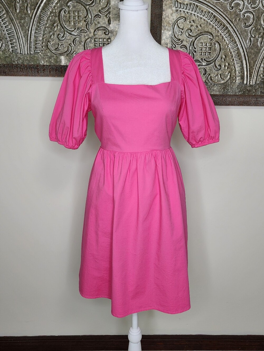 WAYF Barbie Pink Puff-Sleeve Square Neck Tie Open Back Mini Cottagecore Dress Sm